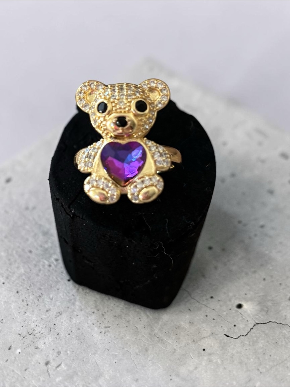 Gold Teddy Bear Ring with Purple Heart Crystal Adjustable